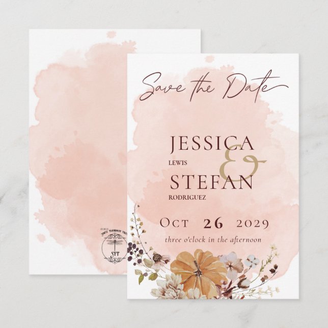 Blush Watercolor Autumn Modern Wedding Save The Date (Front/Back)