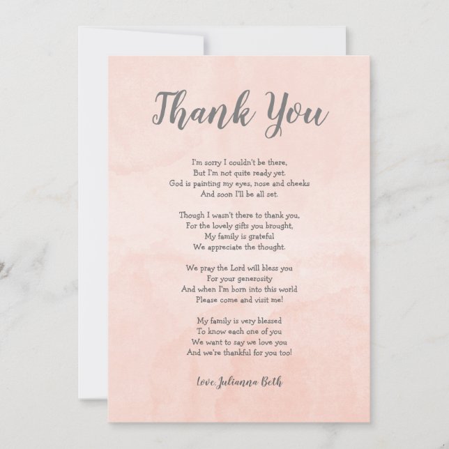 Blush watercolor Baby Shower Thank you note + poem Card (Front)