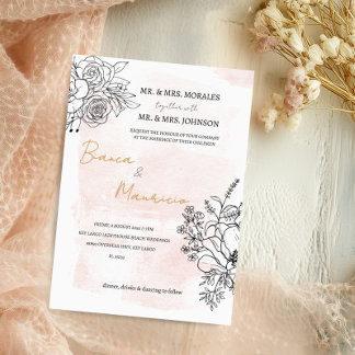Blush Watercolor & Black Floral Elegant Wedding Invitation