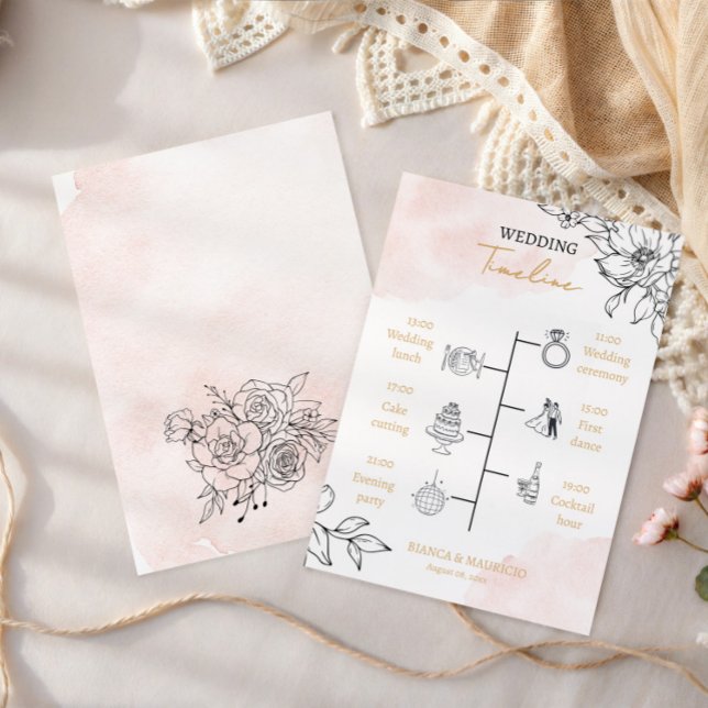 Blush Watercolor & Black Floral Wedding Timeline Program (Blush Watercolor & Black Floral Wedding Timeline Program)