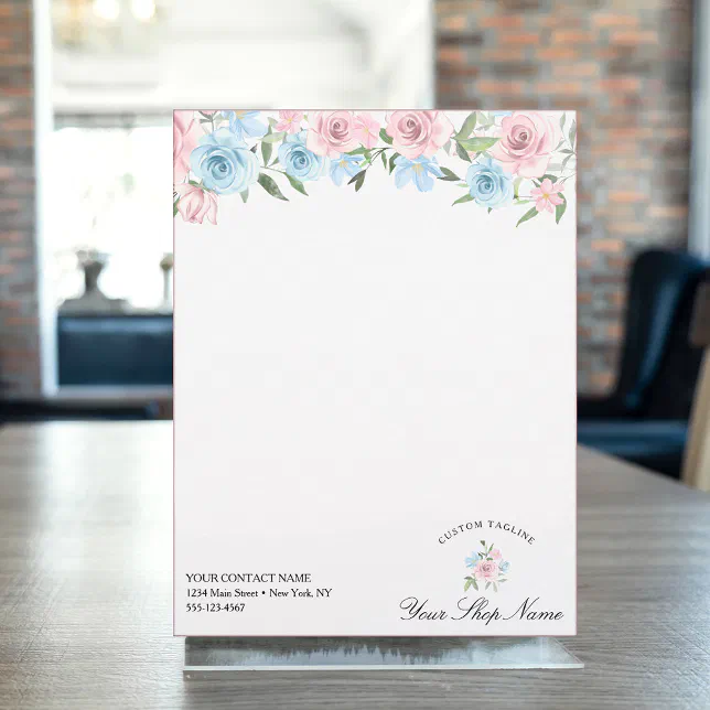 Rust Roses Letter Head Blush watercolor blue & pink roses, Business name Letterhead | Zazzle