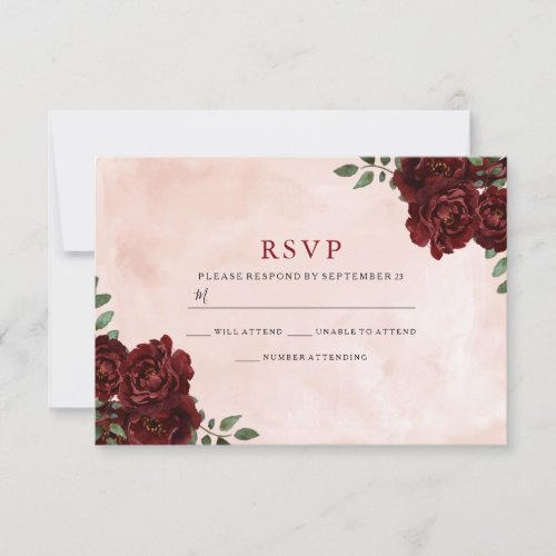 Blush Watercolor Burgundy Red Rose All Occasions RSVP Card