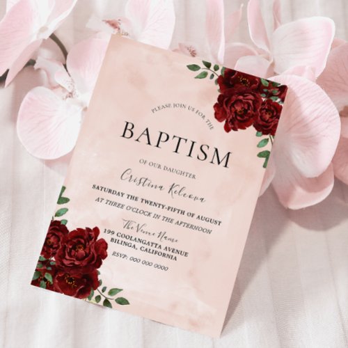 Blush Watercolor Burgundy Red Rose Baptism Invitation