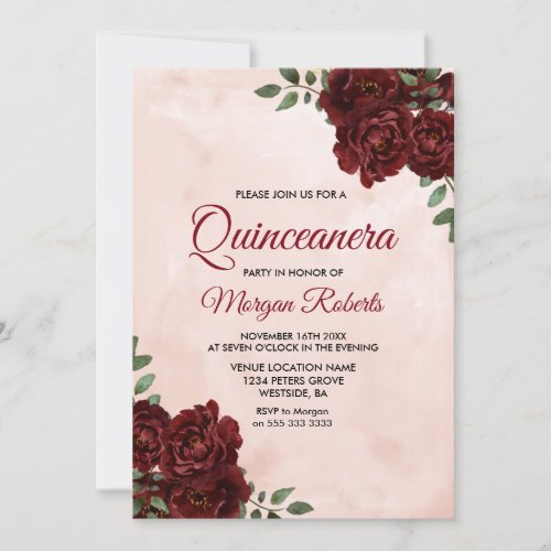 Blush Watercolor Burgundy Red Rose Quinceanera Invitation