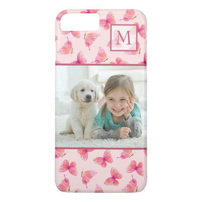 Blush Watercolor Butterfly Monogram Photo Case-Mate iPhone Case (Back)