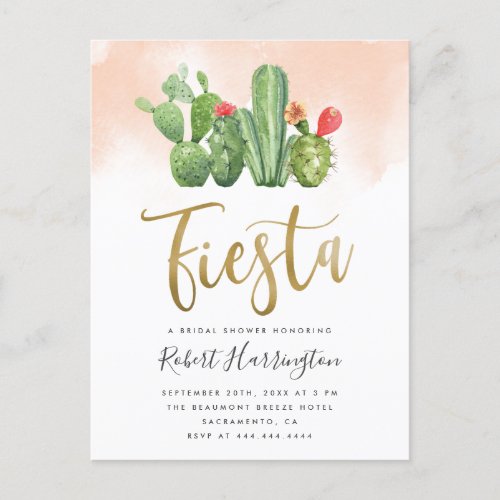 Blush Watercolor  Cactus Fiesta Bridal Shower Invitation Postcard