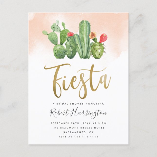 Blush Watercolor & Cactus Fiesta Bridal Shower Invitation Postcard (Front)