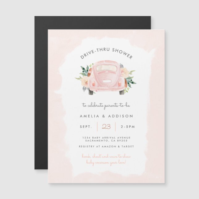 Blush Watercolor Car Girl Drive Thru Baby Shower Magnetic Invitation (Front/Back)