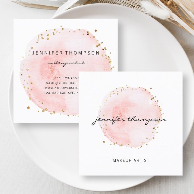 Blush Watercolor Circle Gold Dots Square Business Card (Front & Back)