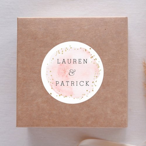 Blush Watercolor Circle Gold Dots Wedding Classic Round Sticker