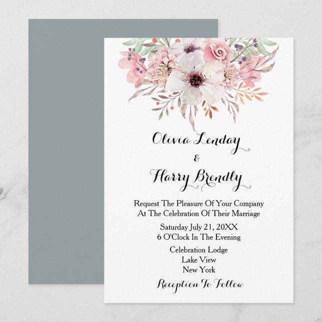 Blush Watercolor Country Floral Wedding Invitation (Front/Back)