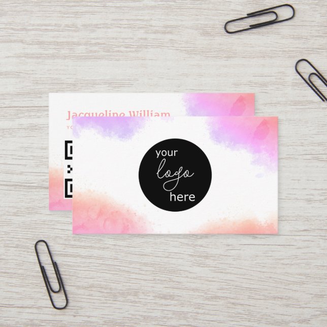 Blush Watercolor Custom Logo QR Code Business Card (Front/Back In Situ)