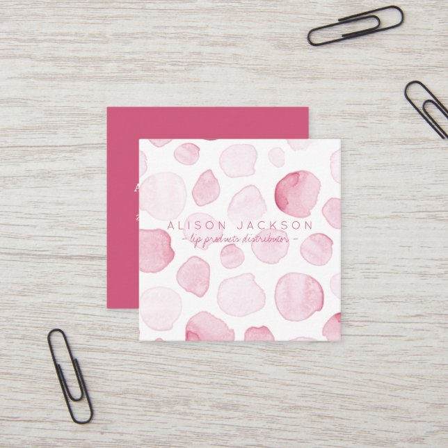 Blush watercolor drops lip product distributor square business card (Front/Back In Situ)