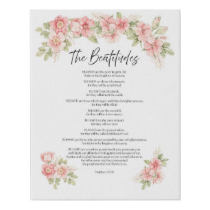 Blush Watercolor Floral Beatitudes Scripture Faux Canvas Print