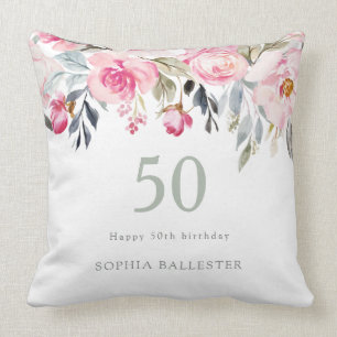 Blush watercolor Floral beautiful 50th birthday Throw Pillow