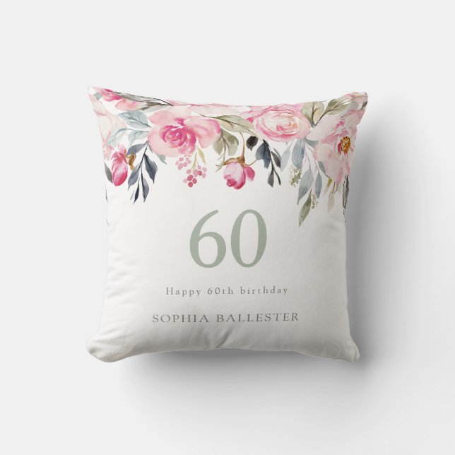 Blush watercolor Floral beautiful 60th birthday Throw Pillow (Front)