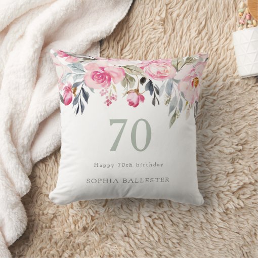 Blush Watercolor Floral Beautiful 70th Birthday Throw Pillow Zazzle