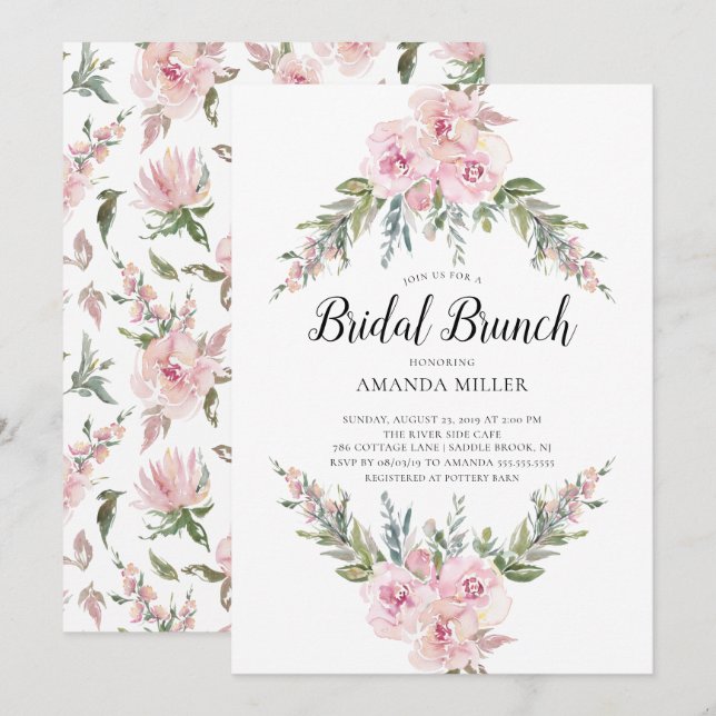 Blush Watercolor Floral Bridal Brunch Invitation (Front/Back)