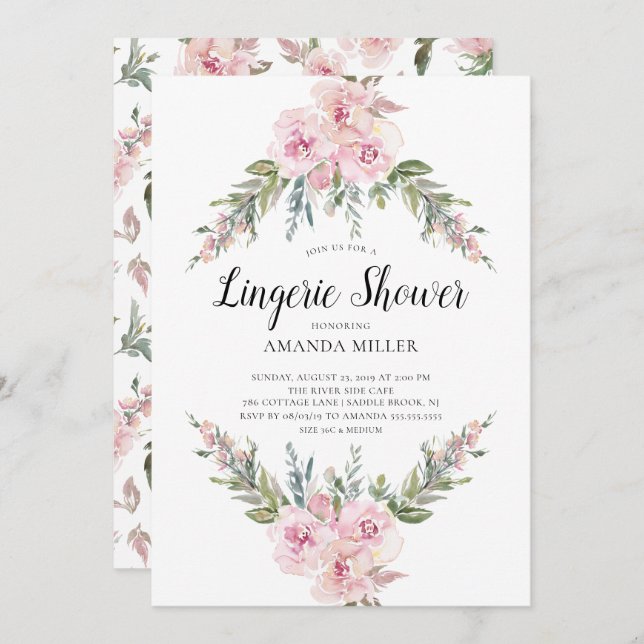 Blush Watercolor Floral Bridal Lingerie Shower Invitation (Front/Back)