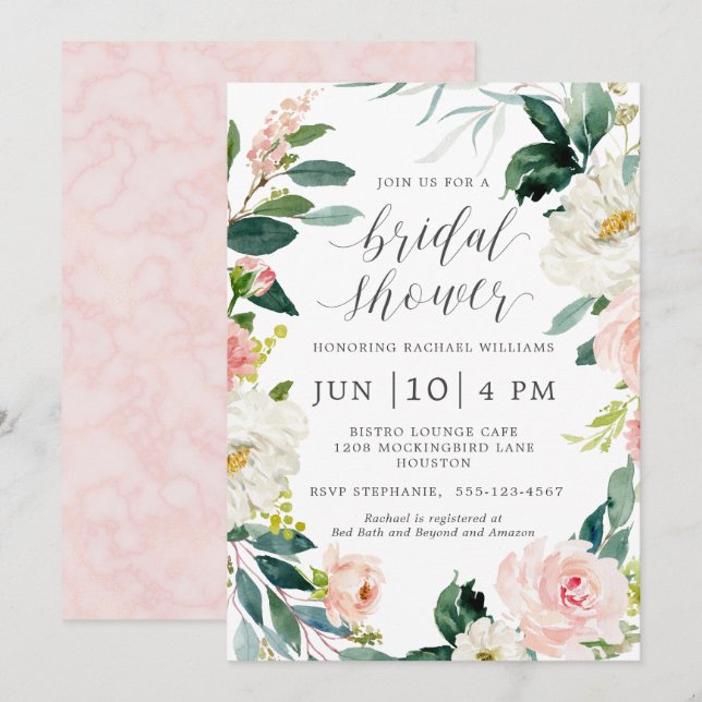 Blush Watercolor Floral Bridal Shower Invitation (Front/Back)