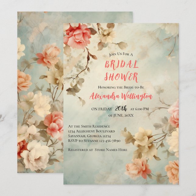 Blush Watercolor Floral Bridal Shower Invitation (Front/Back)