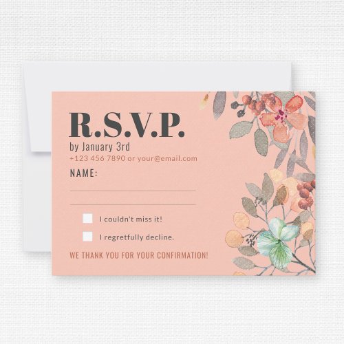 Blush Watercolor Floral Elegant Glam Wedding RSVP Card