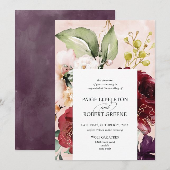 Blush Watercolor Floral Frame Wedding Invitation (Front/Back)