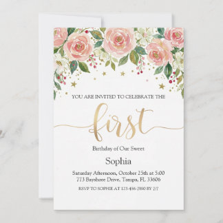 Blush Watercolor Floral Girl First Birthday  Invitation