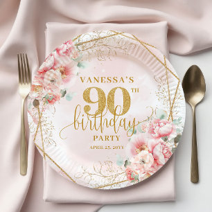 Blush Watercolor Floral Gold Elegant 90th Birthday Paper Plates