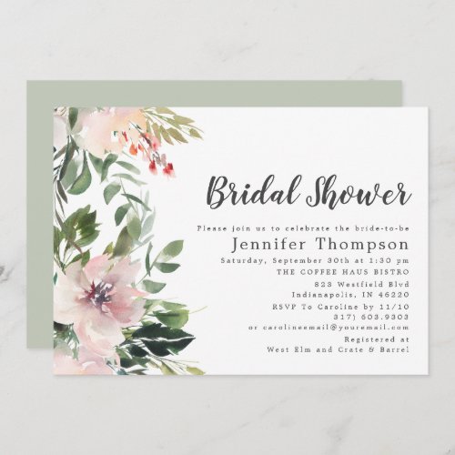 Blush Watercolor Floral  Greenery Bridal Shower Invitation