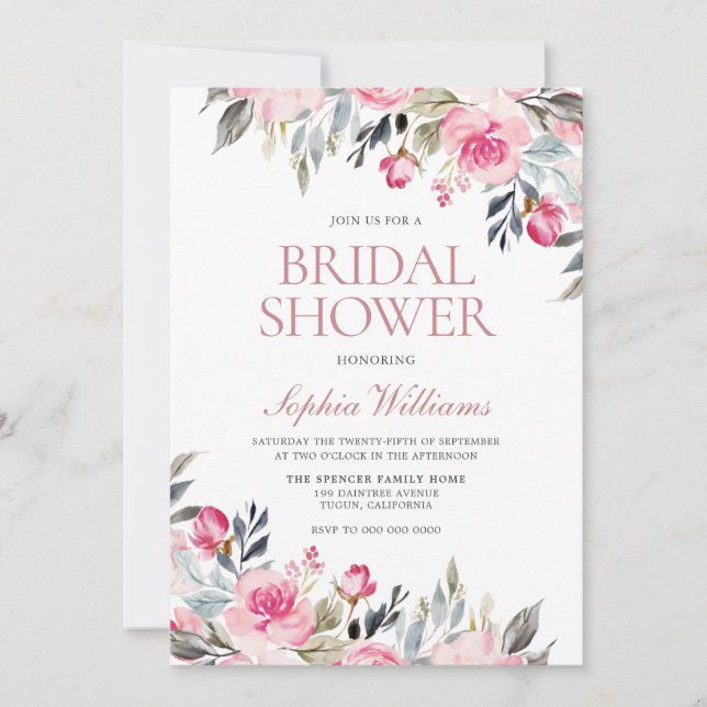 Blush Watercolor Floral Greenery Bridal Shower Invitation (Front)