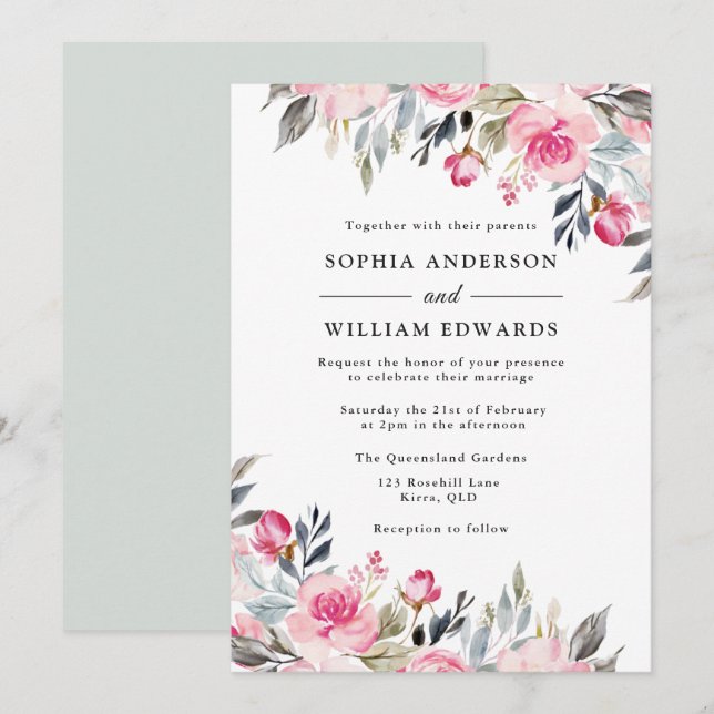 Blush Watercolor Floral Greenery Elegant Wedding Invitation (Front/Back)