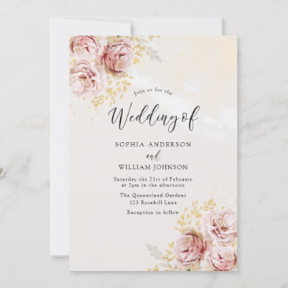 Blush Watercolor Floral Marble Finish Wedding Invitation