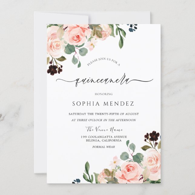 Blush Watercolor Floral Modern Wedding Quinceanera Invitation (Front)