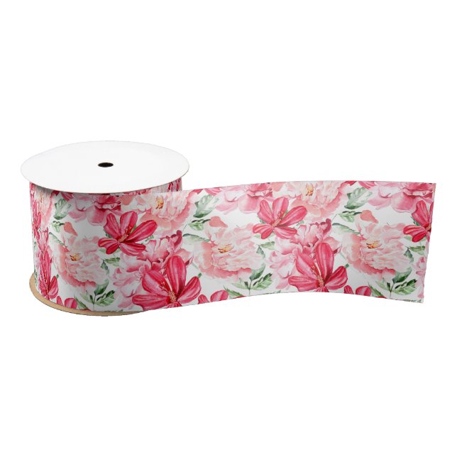 Blush Watercolor Floral Pattern Satin Ribbon (Spool)