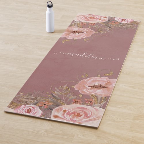 Blush Watercolor Floral Personalize Name Script Yoga Mat