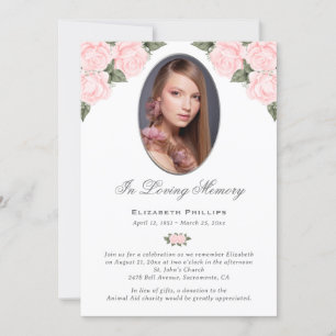 Blush Watercolor Floral Photo Memorial Funeral Invitation