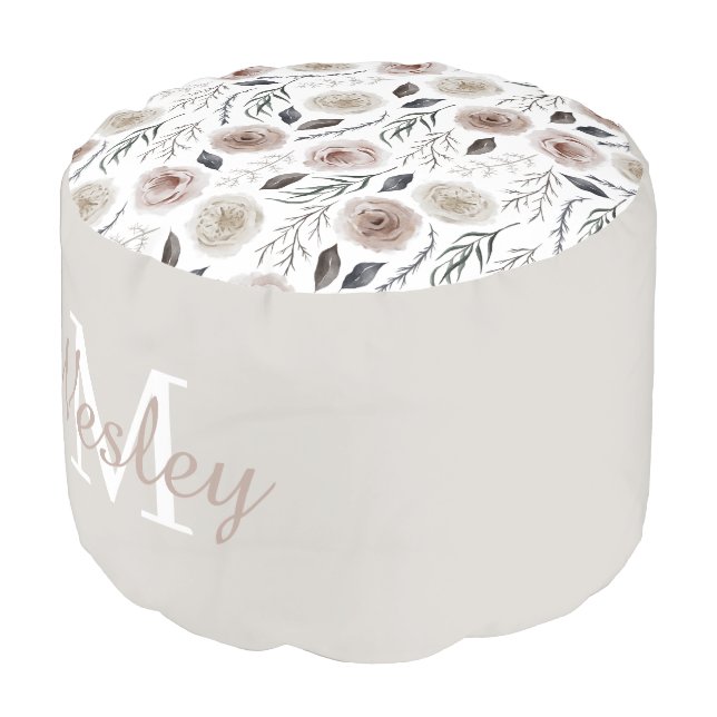 Blush Watercolor Floral Round Pouf (Angled Front)