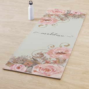 Blush Watercolor Floral Sage Green Name Script Yoga Mat