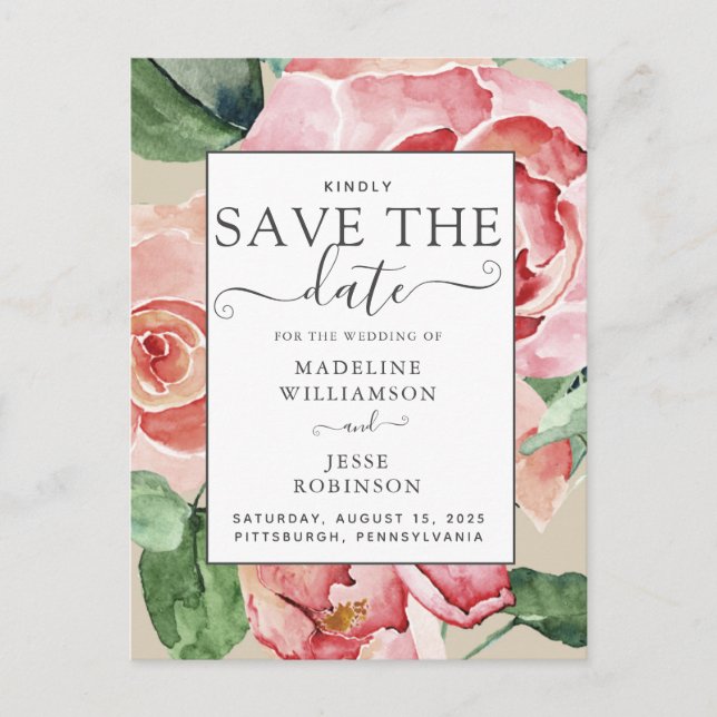 Blush Watercolor Floral Save the Date Announcement Postcard (Front)