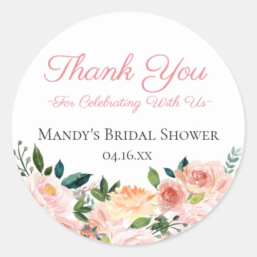 Blush Watercolor Floral Thank You Favor Classic Round Sticker