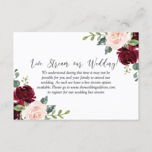 Blush Watercolor Floral Wedding Live Stream Enclosure Card