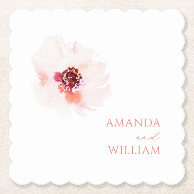 Blush Watercolor Floral Wedding Paper Coaster (Front)