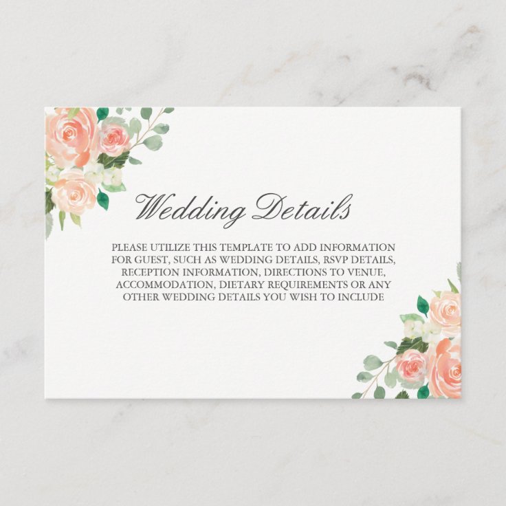 Blush Watercolor Floral Wedding Reception Details Enclosure Card | Zazzle