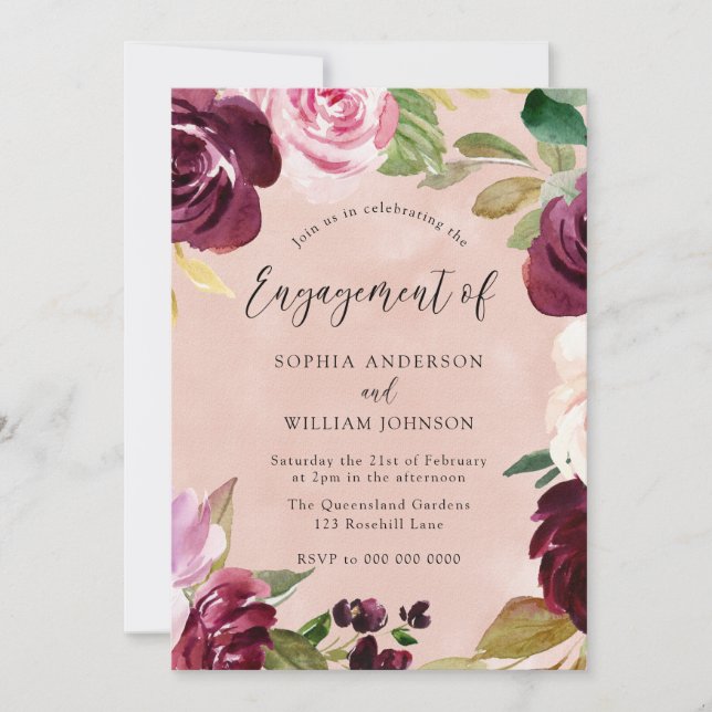 Blush Watercolor Floral Wreath Engagement Party Invitation (Front)