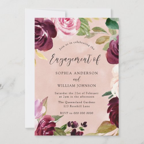 Blush Watercolor Floral Wreath Engagement Party Invitation