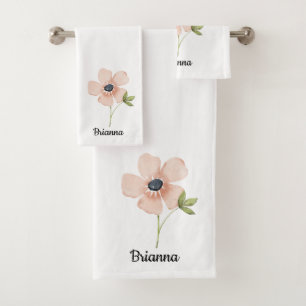 Blush Watercolor Flower Name Bath Towel Set