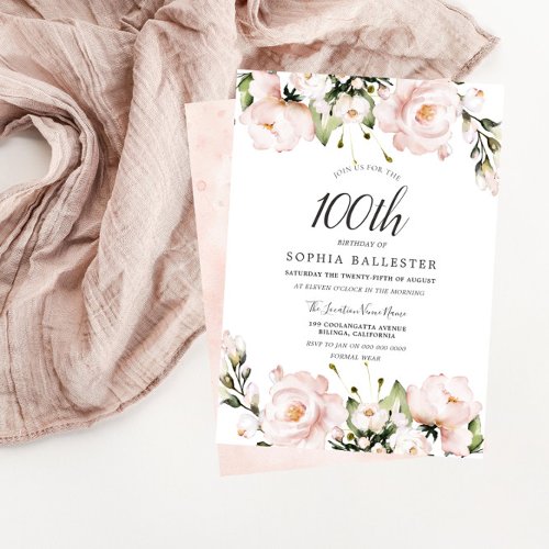 Blush Watercolor Flowers 100th Birthday Party Invitation