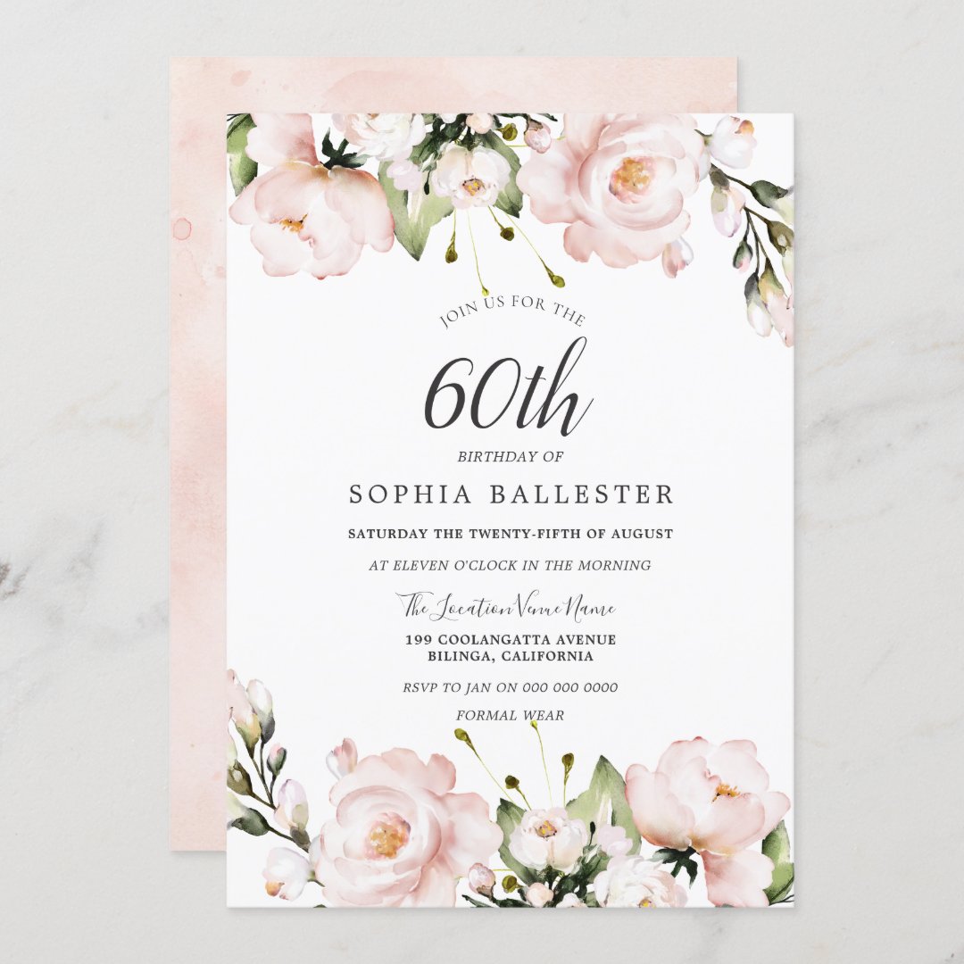 Blush Watercolor Flowers 60th Birthday Party Invitation | Zazzle