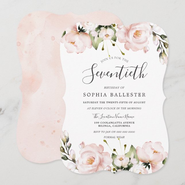Blush Watercolor Flowers 70th Birthday Party Invitation (Front/Back)